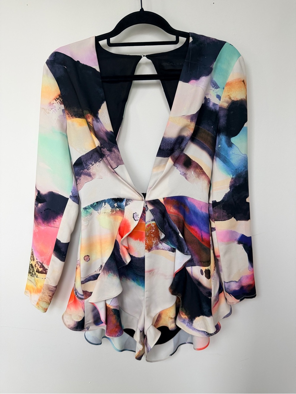 Kendall & Kylie Multicolor Watercolor Open-Back Ruffle Romper